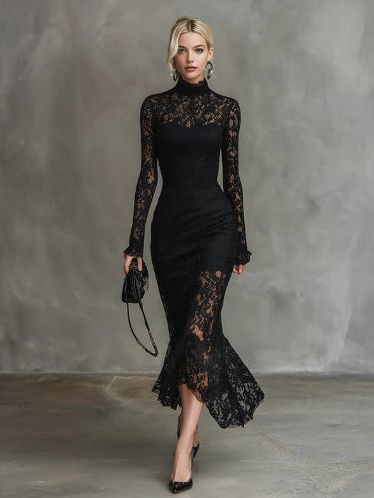Lace Mock Neck Mermaid Midi Dress