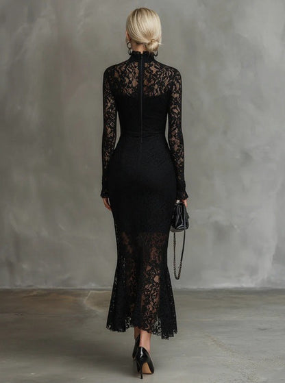 Lace Mock Neck Mermaid Midi Dress