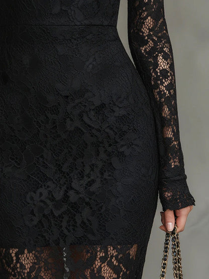Lace Mock Neck Mermaid Midi Dress
