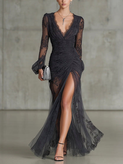 Lace Ruched Long Sleeve Maxi Dress in Dark Gray
