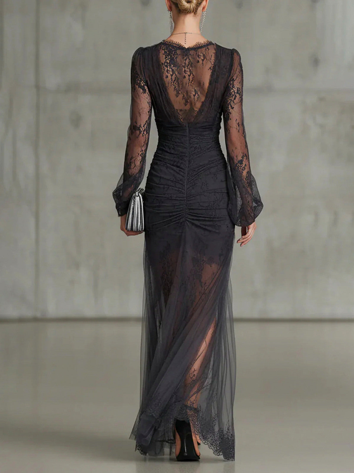 Lace Ruched Long Sleeve Maxi Dress