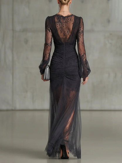 Lace Ruched Long Sleeve Maxi Dress