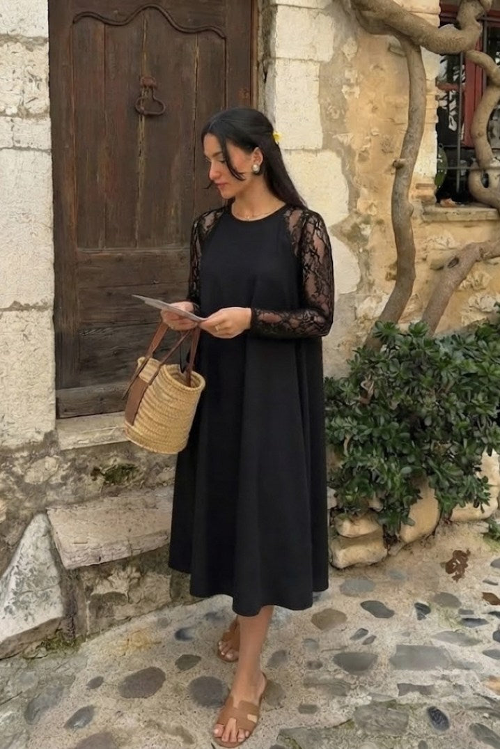 Lace Sleeve A Line Midi Dress