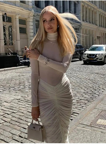 Mesh Mock Neck Ruched Midi Dress