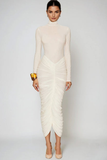 Mesh Mock Neck Ruched Midi Dress