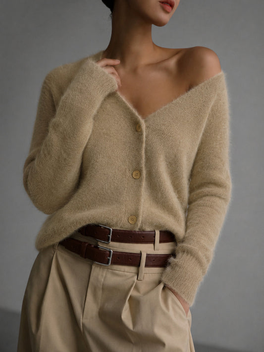 Off Shoulder Button Front Knit Cardigan in Khaki