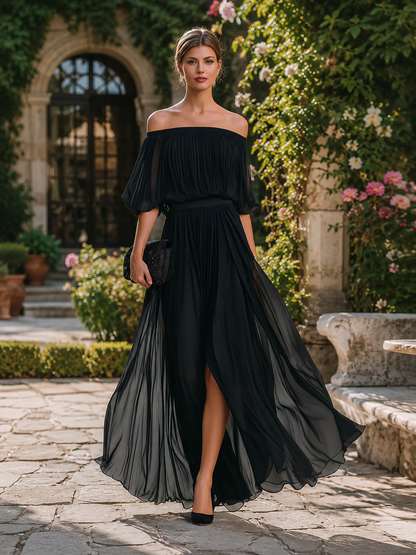 Off Shoulder Pleated Maxi Dress