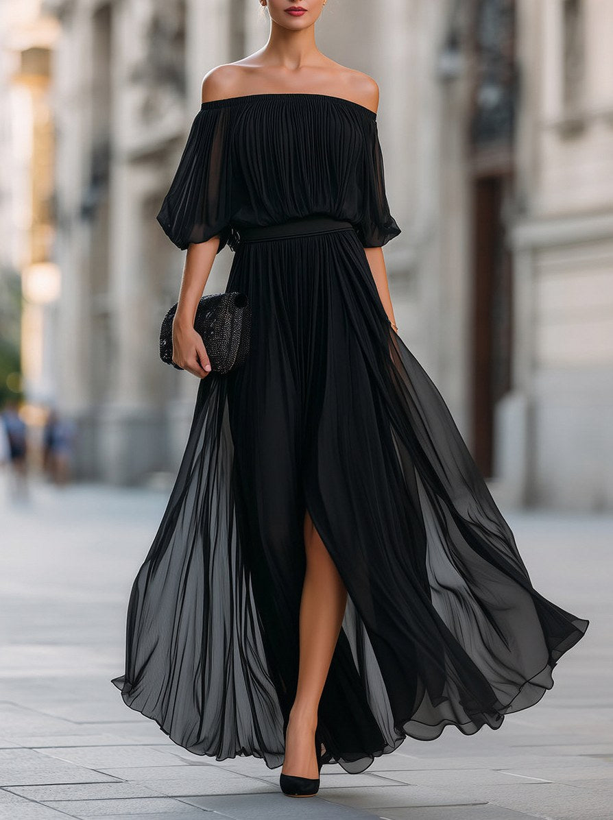 Off Shoulder Pleated Maxi Dress in Black