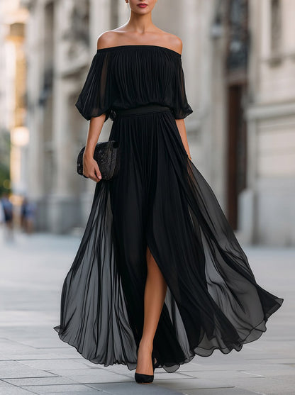 Off Shoulder Pleated Maxi Dress in Black
