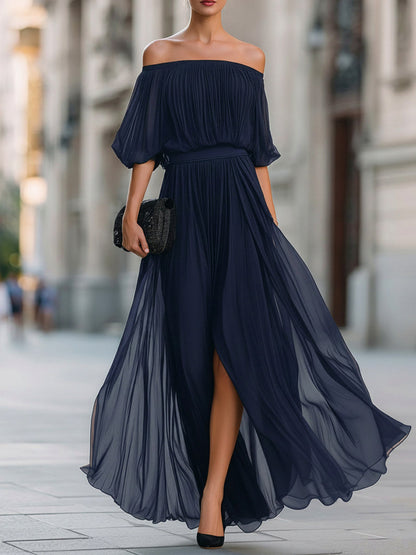 Off Shoulder Pleated Maxi Dress in Navy