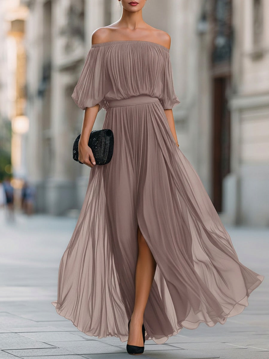 Off Shoulder Pleated Maxi Dress in Taupe