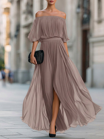 Off Shoulder Pleated Maxi Dress in Taupe