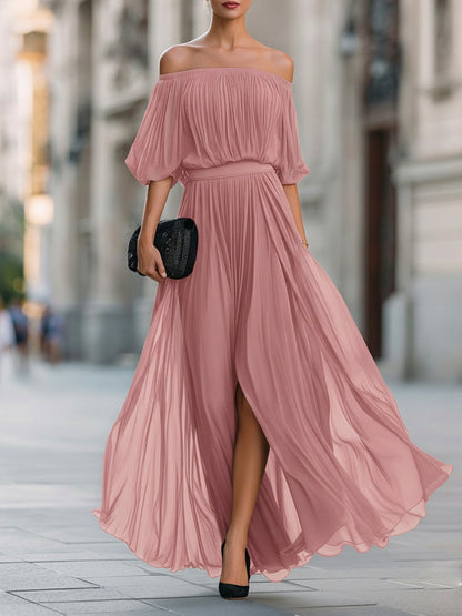 Off Shoulder Pleated Maxi Dress in Pink