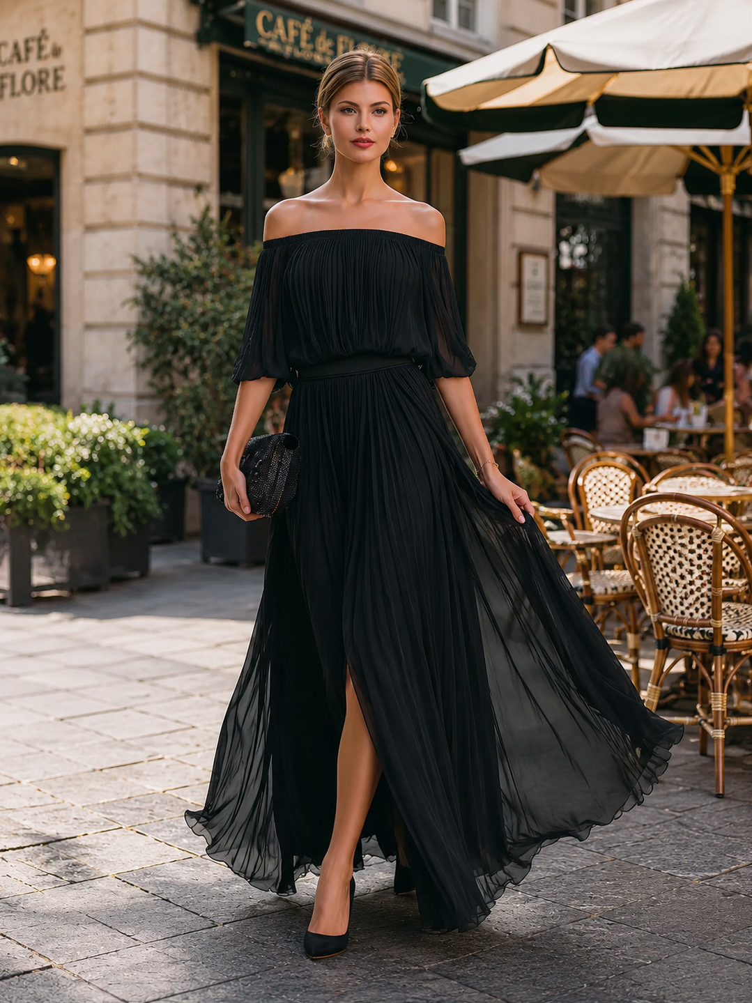 Off Shoulder Pleated Maxi Dress
