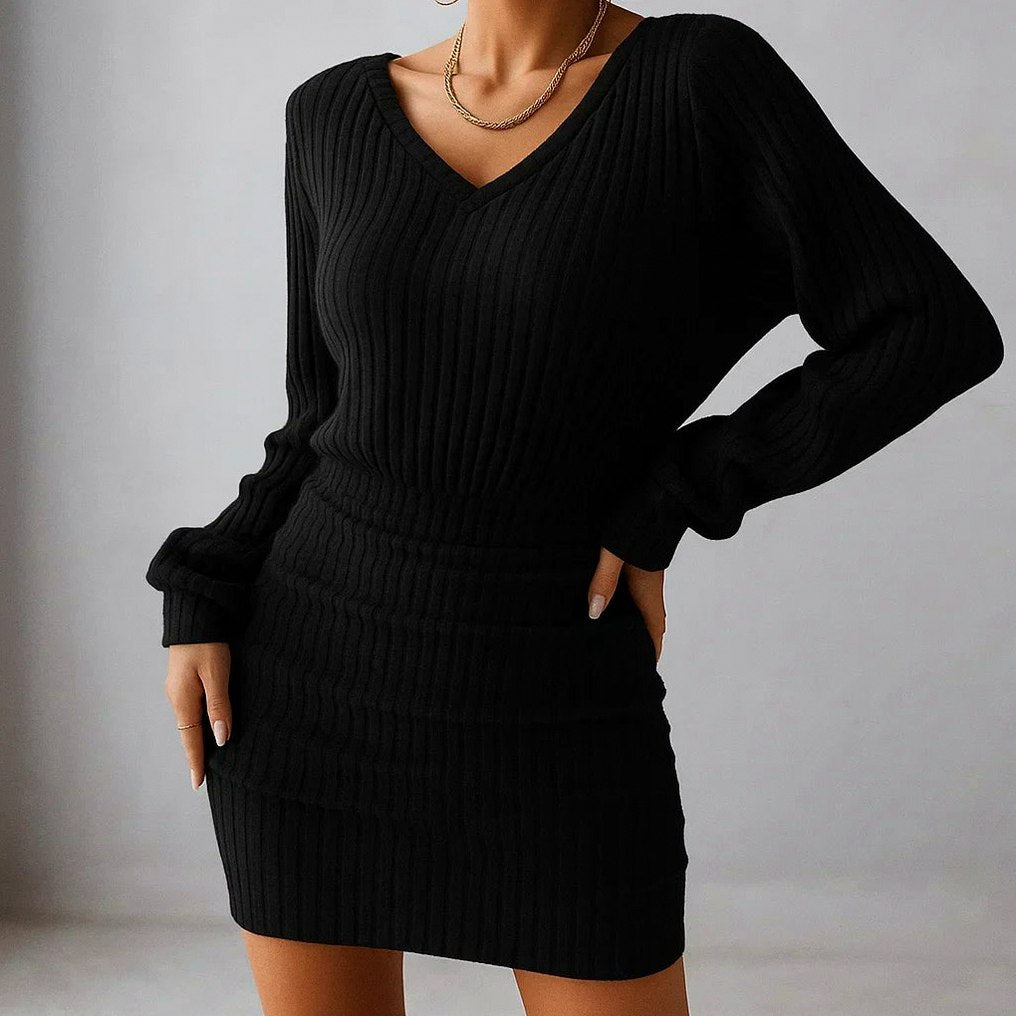 Off Shoulder Ribbed Knit Sweater Dress in Black