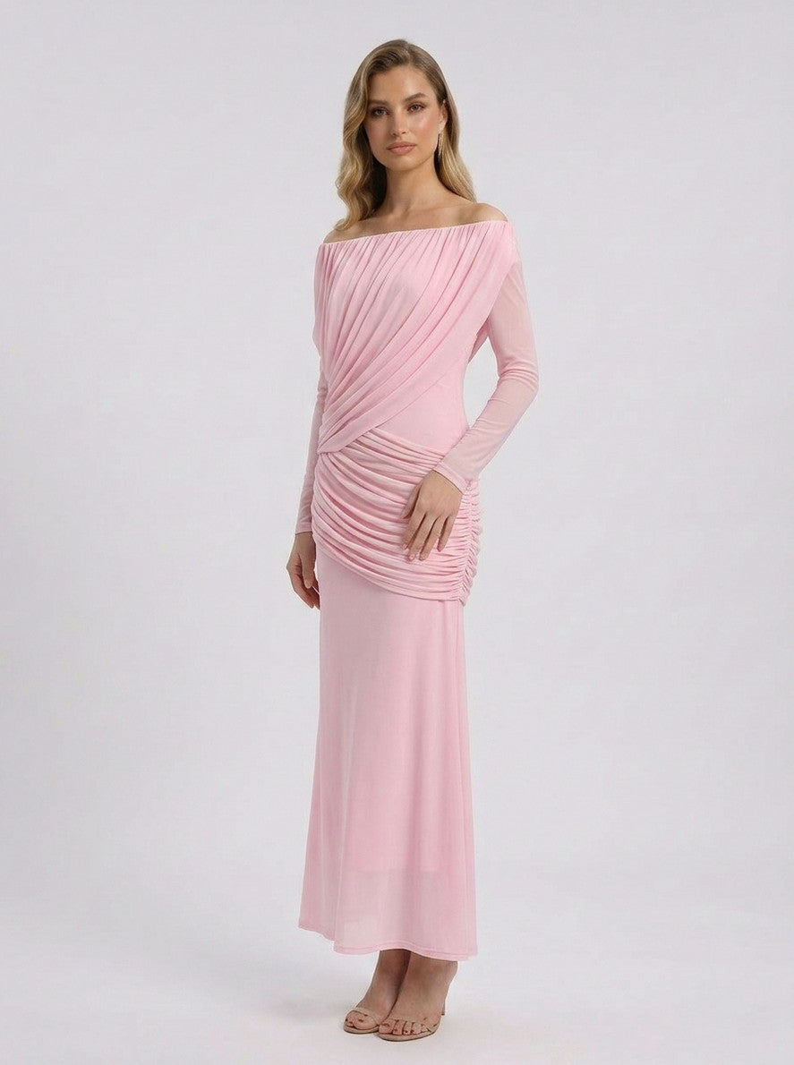Off Shoulder Ruched Maxi Dress in Pink