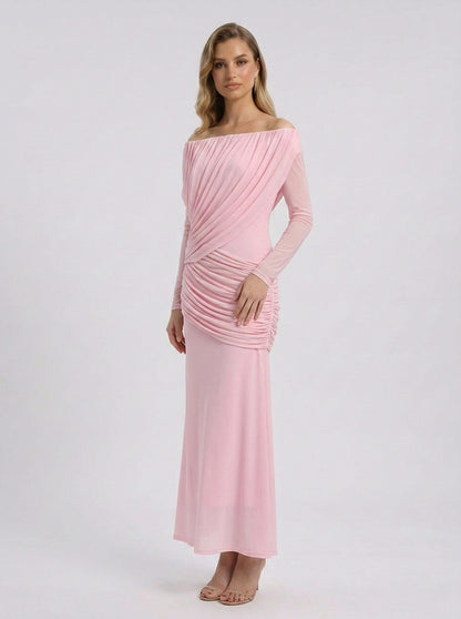 Off Shoulder Ruched Maxi Dress in Pink