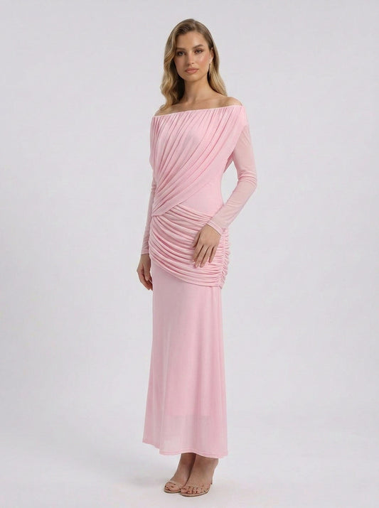 Off Shoulder Ruched Maxi Dress in Pink