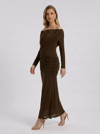 Off Shoulder Ruched Maxi Dress in Brown