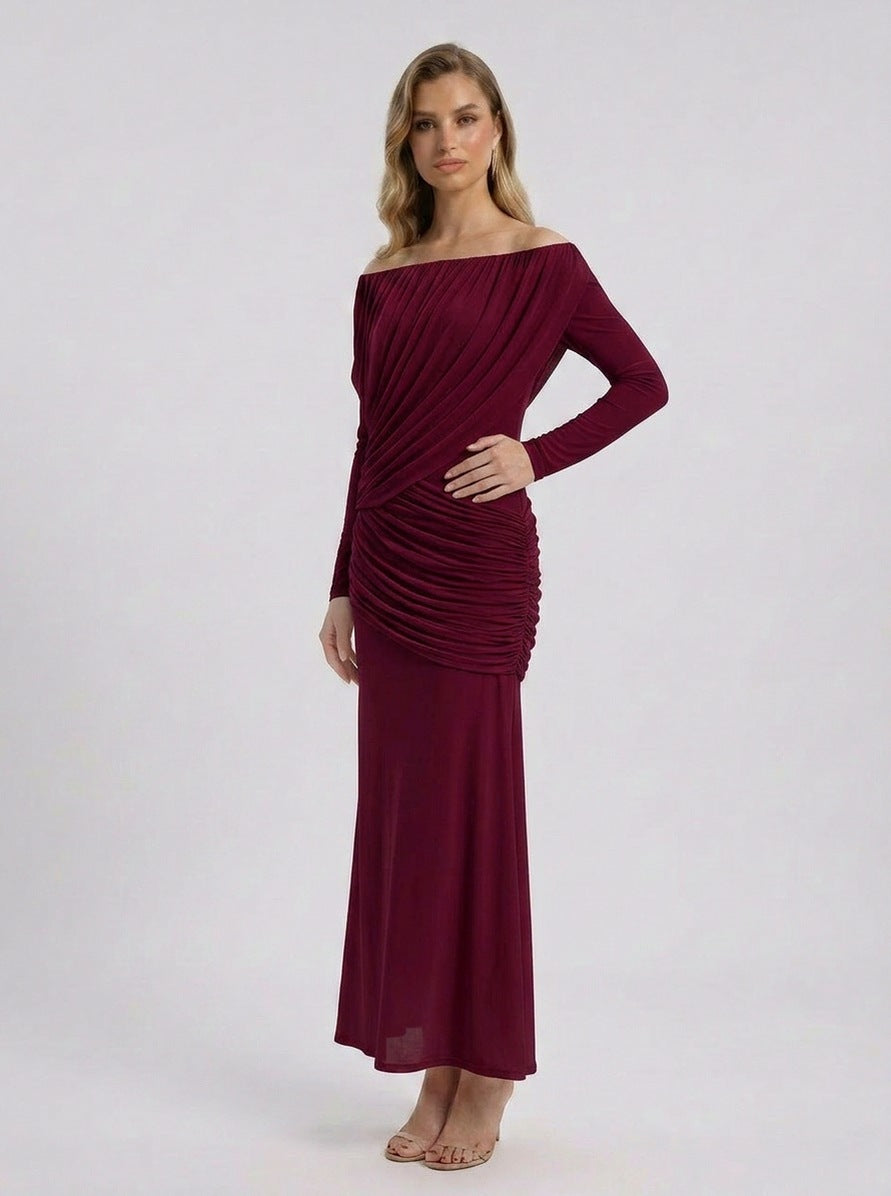 Off Shoulder Ruched Maxi Dress in Burgundy