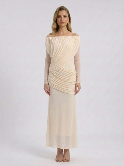 Off Shoulder Ruched Maxi Dress in Cream