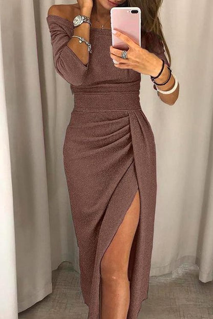 Glitter Off Shoulder Ruched Maxi Dress in Brown