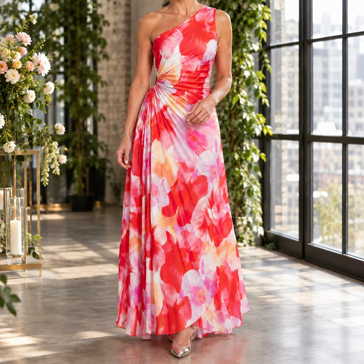 One Shoulder Floral Maxi Dress in Floral