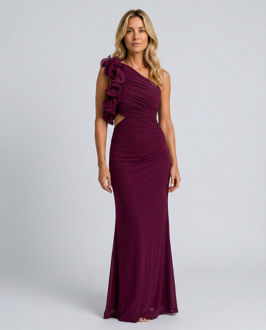 One Shoulder Ruffle Cutout Maxi Dress in Purple