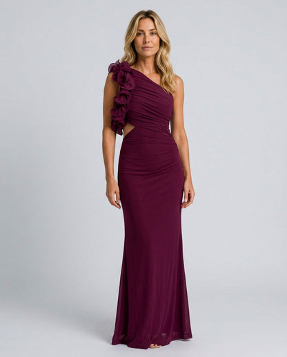 One Shoulder Ruffle Cutout Maxi Dress in Purple