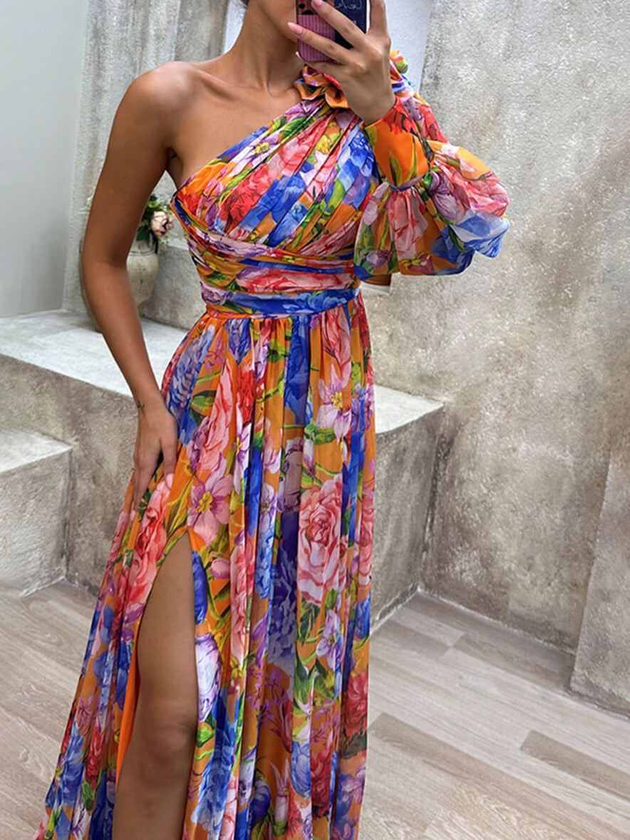 Floral One Shoulder Puff Sleeve Maxi Dress