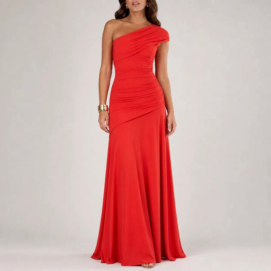 One Shoulder Cap Sleeve Ruched Maxi Dress in Red