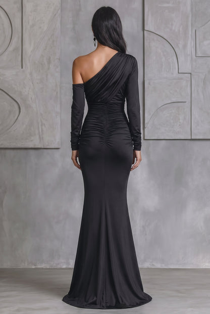 Satin One Shoulder Long Sleeve Maxi Dress
