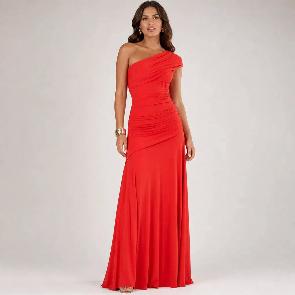 One Shoulder Cap Sleeve Ruched Maxi Dress