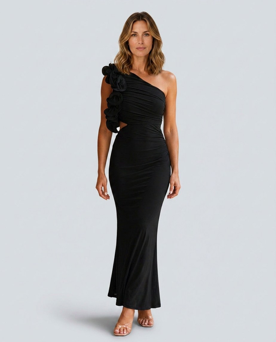 One Shoulder Ruffle Cutout Maxi Dress in Black