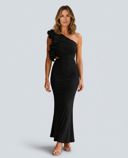 One Shoulder Ruffle Cutout Maxi Dress in Black