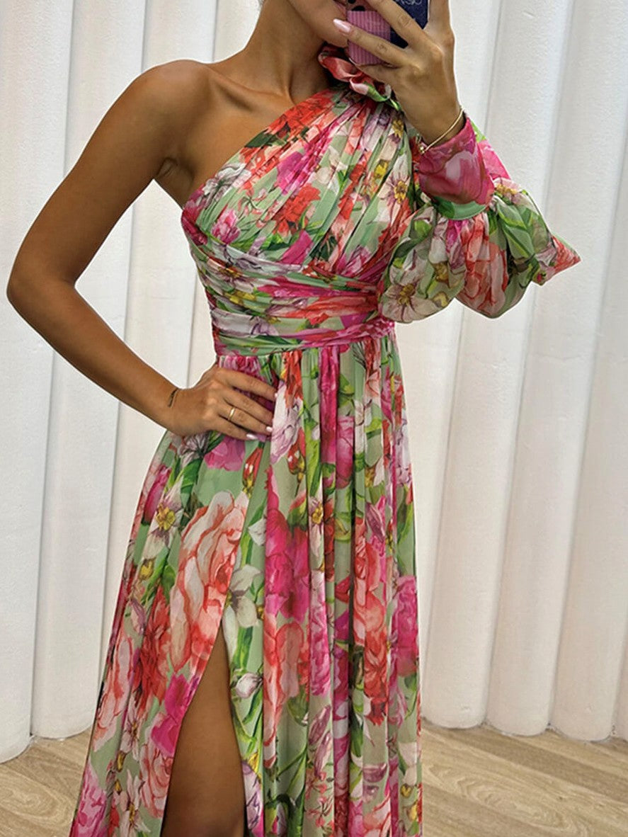 Floral One Shoulder Puff Sleeve Maxi Dress