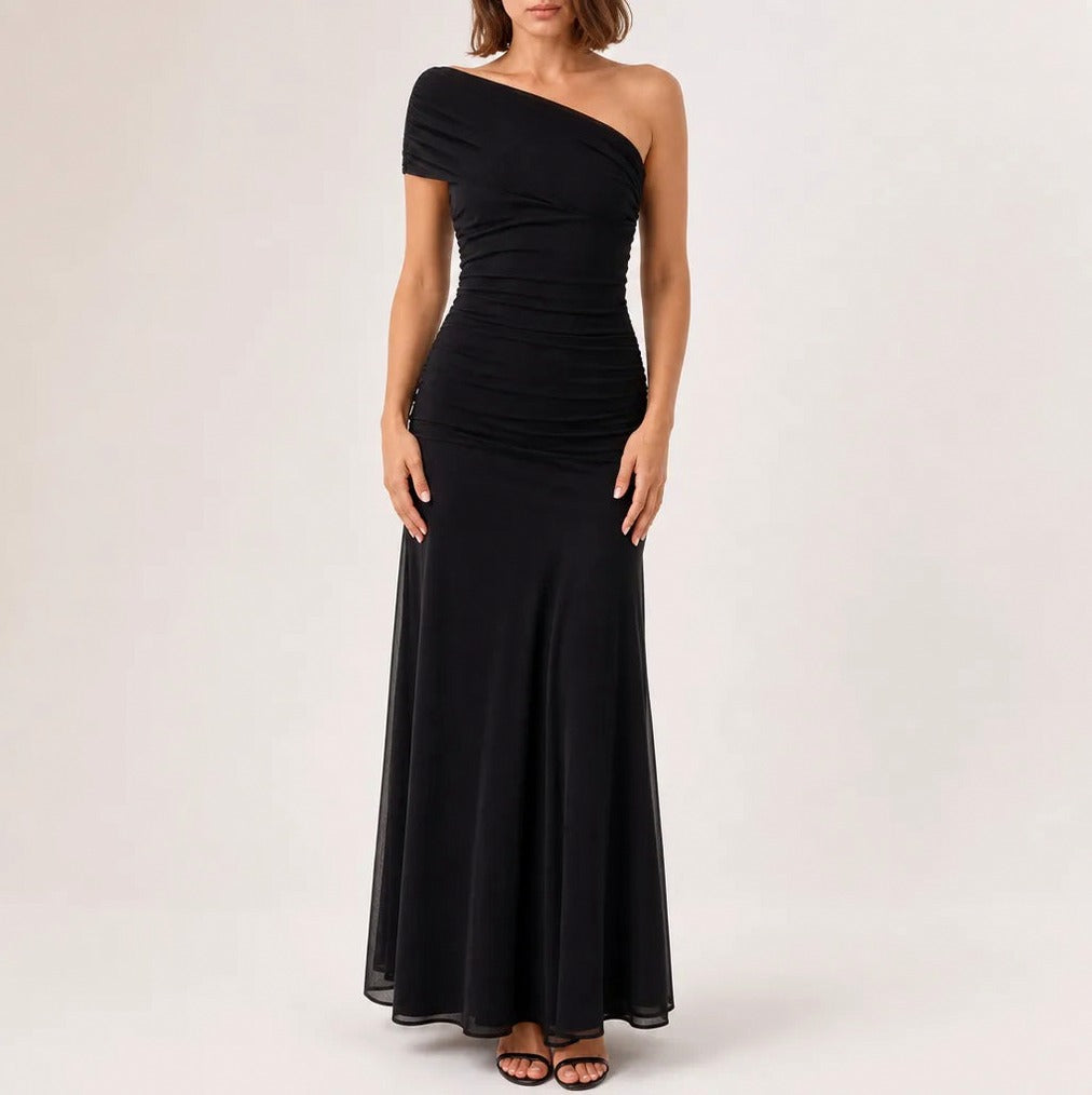 One Shoulder Cap Sleeve Ruched Maxi Dress in Black