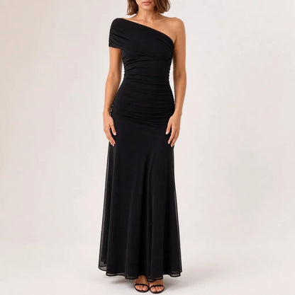 One Shoulder Cap Sleeve Ruched Maxi Dress in Black