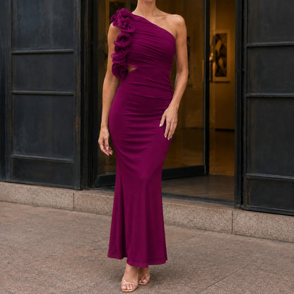 Rosette One Shoulder Mermaid Maxi Dress in Purple