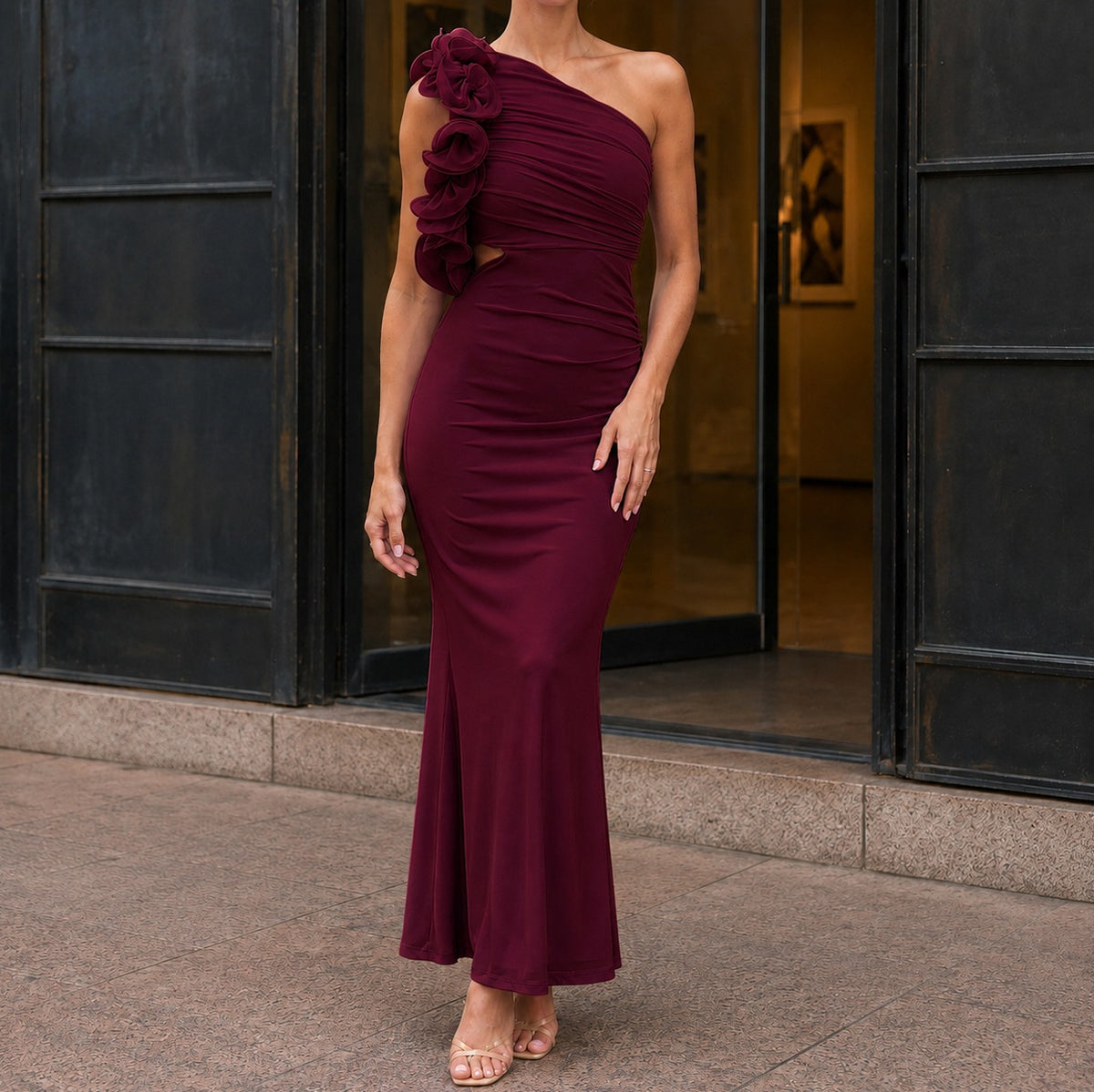 Rosette One Shoulder Mermaid Maxi Dress in Burgundy