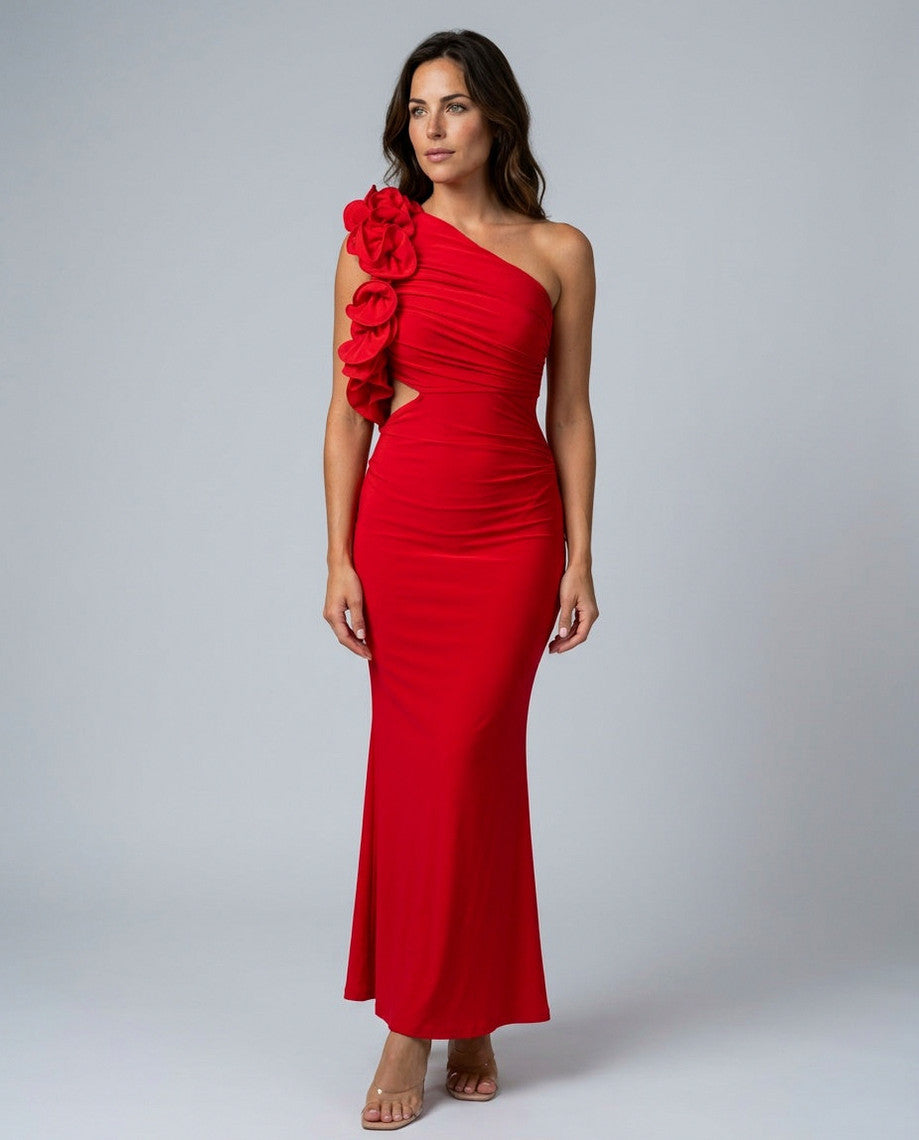One Shoulder Ruffle Cutout Maxi Dress in Red