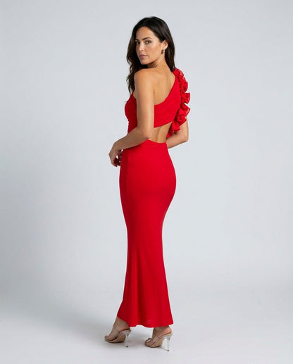One Shoulder Ruffle Cutout Maxi Dress