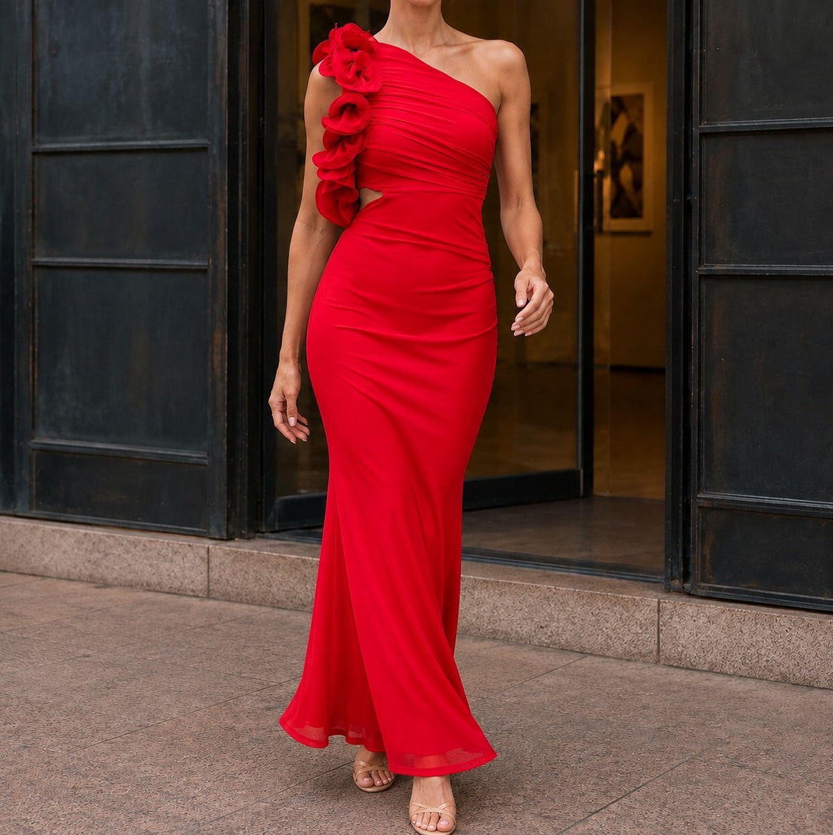 Rosette One Shoulder Mermaid Maxi Dress in Red