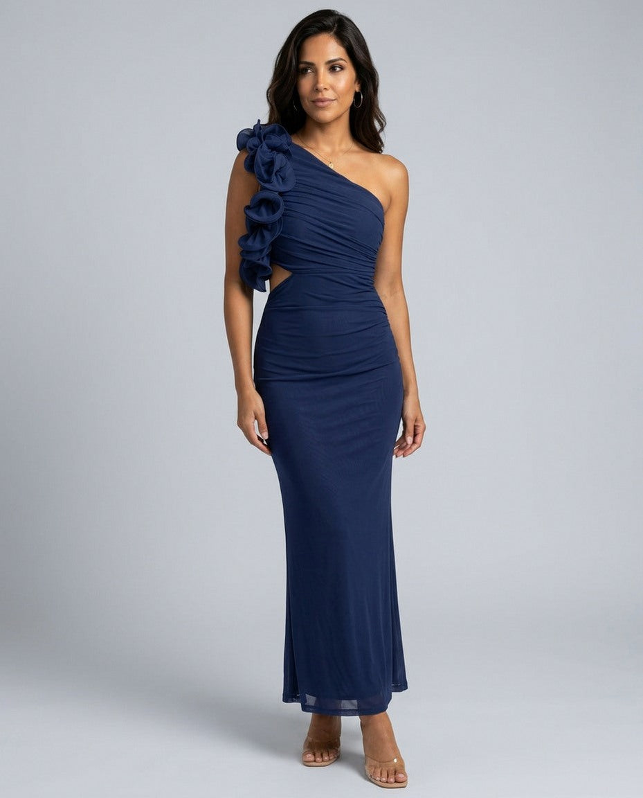 One Shoulder Ruffle Cutout Maxi Dress in Navy