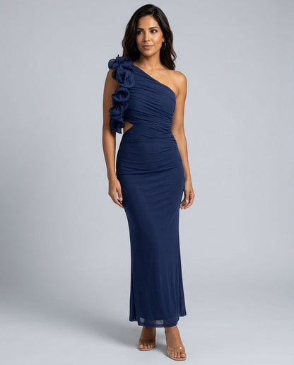 One Shoulder Ruffle Cutout Maxi Dress in Navy