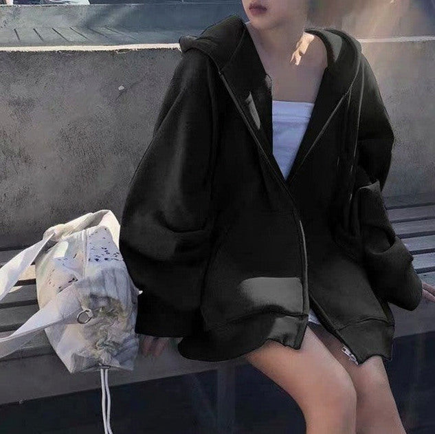 Oversized Fleece Zip Up Hoodie in Black