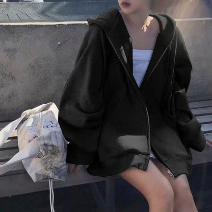 Oversized Fleece Zip Up Hoodie in Black
