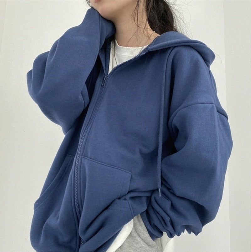 Oversized Fleece Zip Up Hoodie in Dark Blue