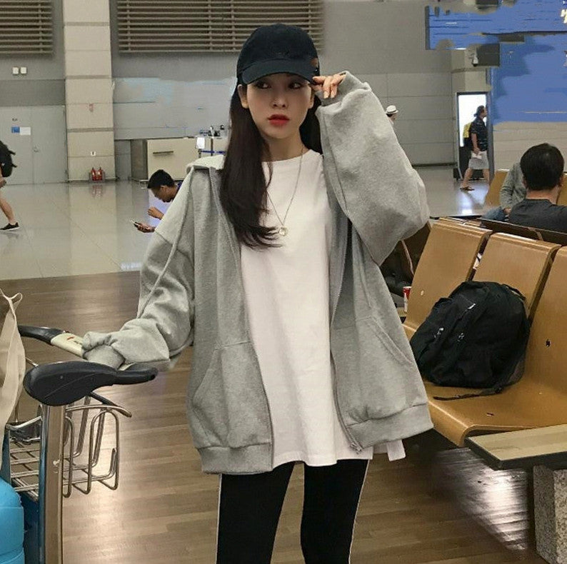 Oversized Fleece Zip Up Hoodie in Light Gray