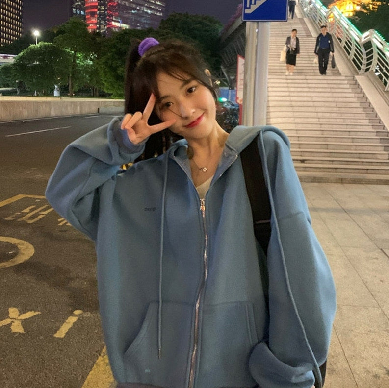 Oversized Fleece Zip Up Hoodie in Blue